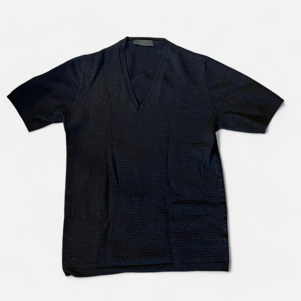 Prada black 100% wool V-neck short sleeve sweater